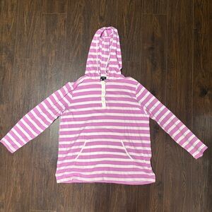 JONES NEW YORK PINK AND WHITE LONG SLEEVE STRIPED TEE SHIRT TOP WITH HOODIE